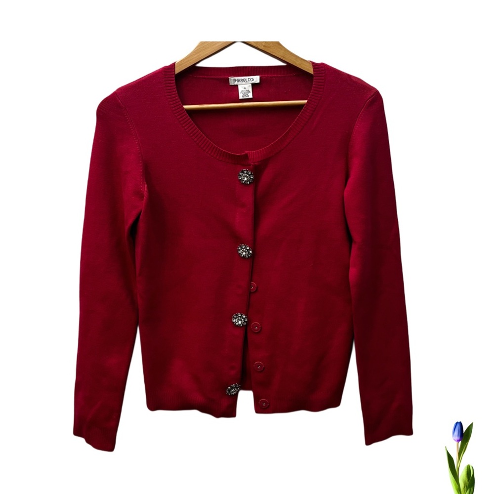 HARoLD’S Elegant Red Cardigan with 4 Rhinestone Buttons  Accents